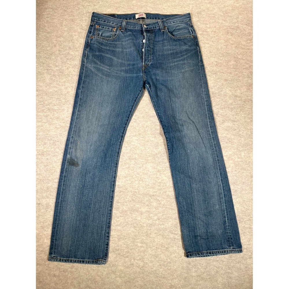 Levis 501 Original Fit Jeans Mens 36x32 Blue Whiskered Denim Cotton Button Fly